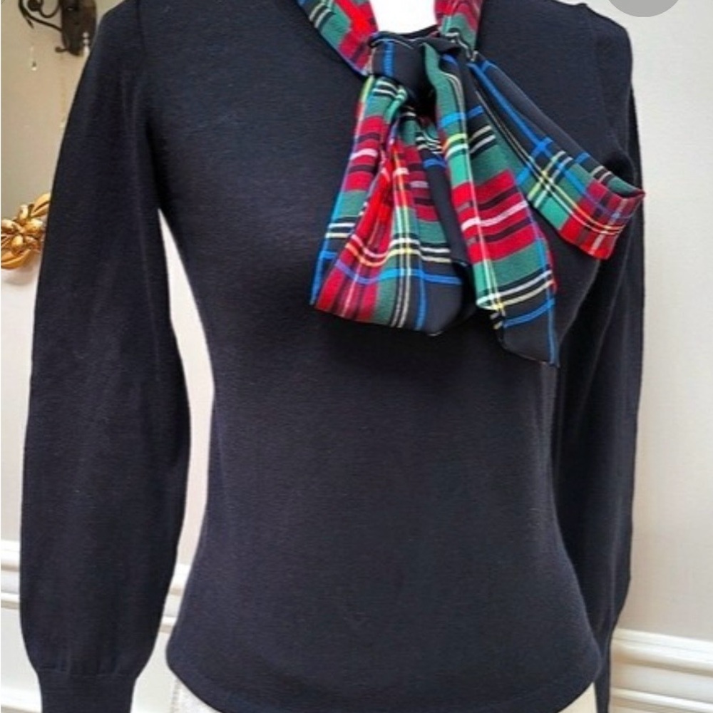 J.Crew Merino Mockneck Black Sweater Tartan Plaid Scarf - size XS
